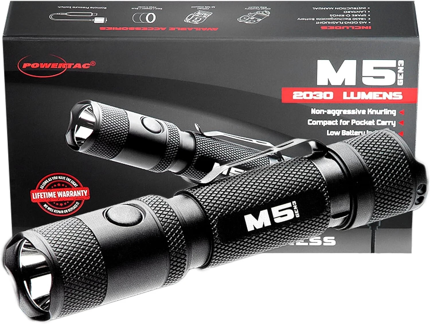 Powertac M5-G3 2030 Lumen Rechargeable LED EDC Flashlight w/Magnetic Charger