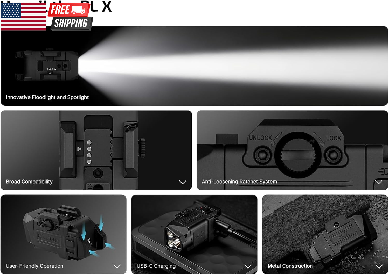 PL X Tactical Flashlight Rechargeable USB-C Dual Beams Strobe Combo 22,500 Cande