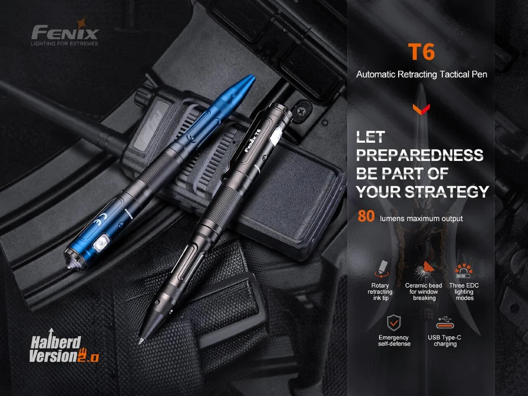 Fenix T6 Tactical LED Penlight 80 Lumen USB-C Rechargeable Glass Breaker EDC Pen