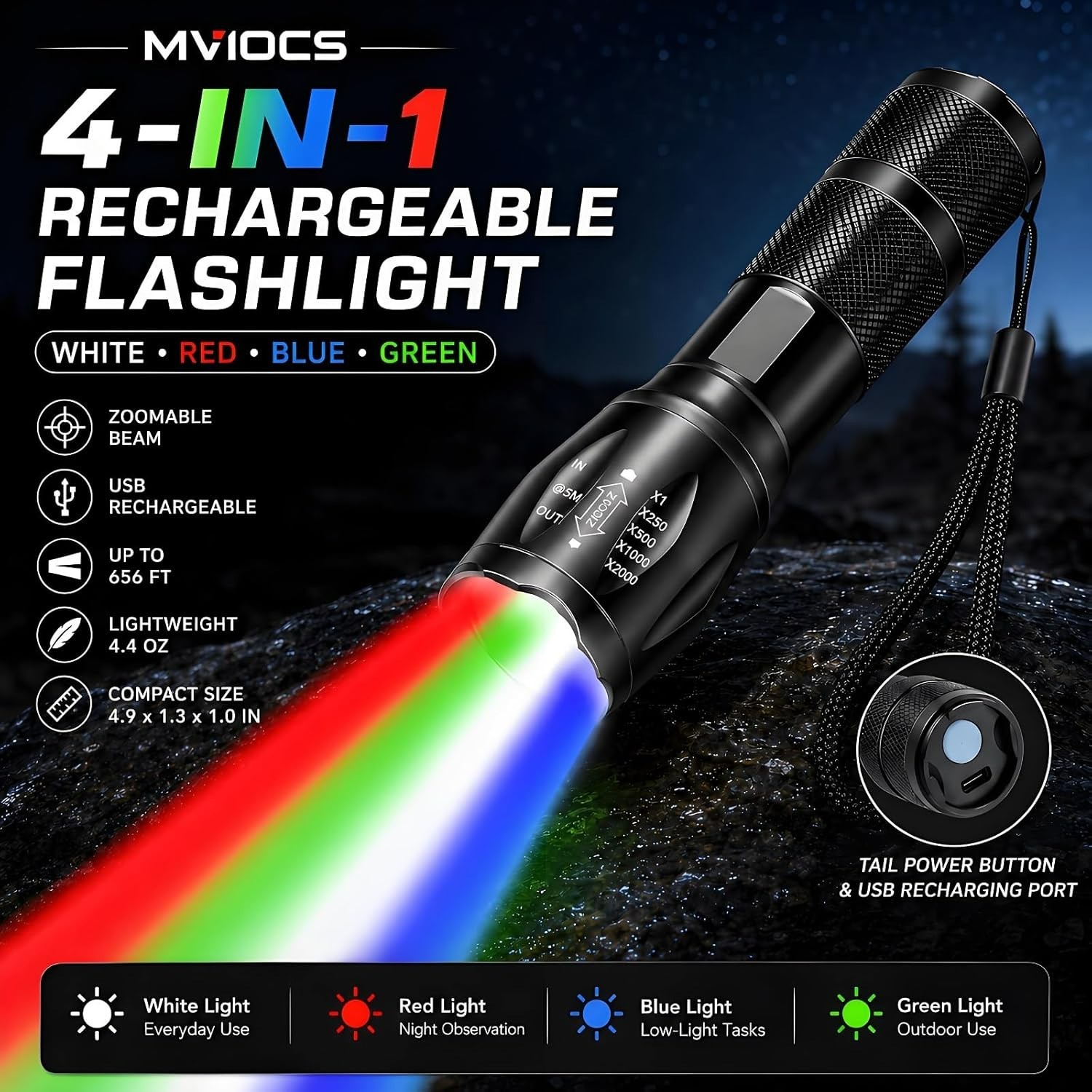 4-in-1 Red Rechargeable Flashlight – Multi-Color LED (White/Red/Blue/Green) Torc
