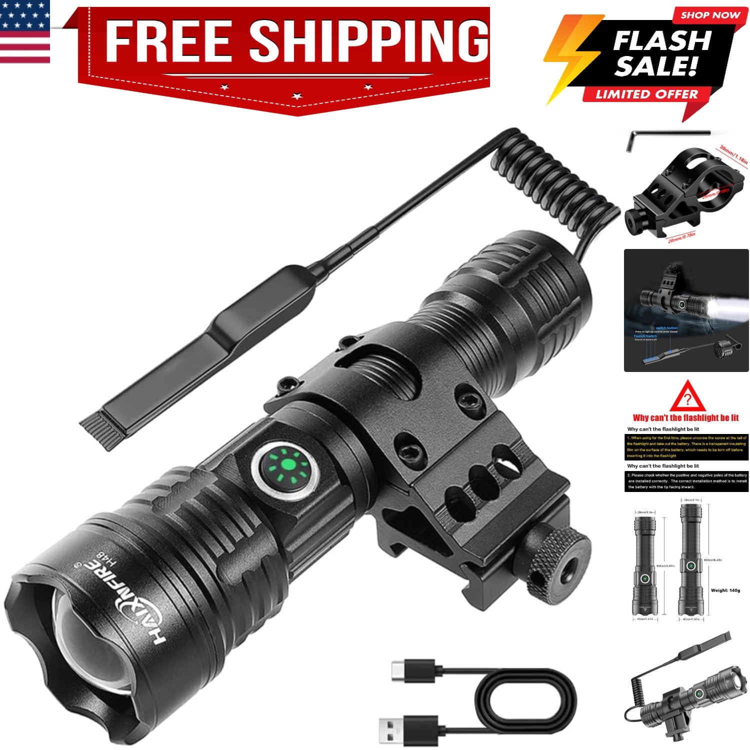 Tactical Flashlight Type-C USB Rechargeable 6000 lumens Zoomable LED Waterpro…