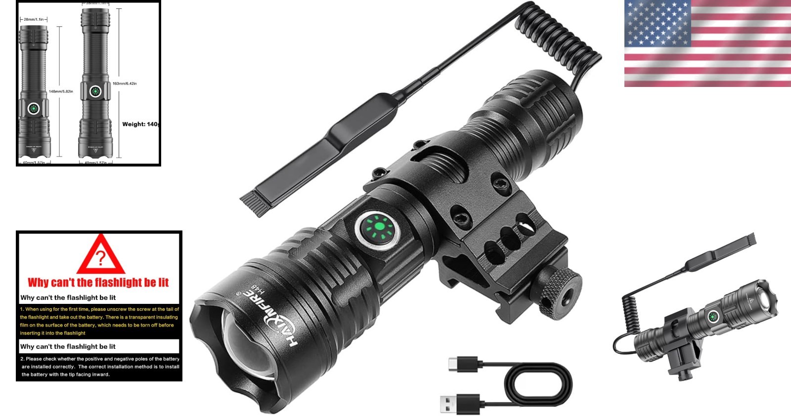 Type-C USB Rechargeable Tactical Flashlight – 800 M Distance & 3 Light Modes