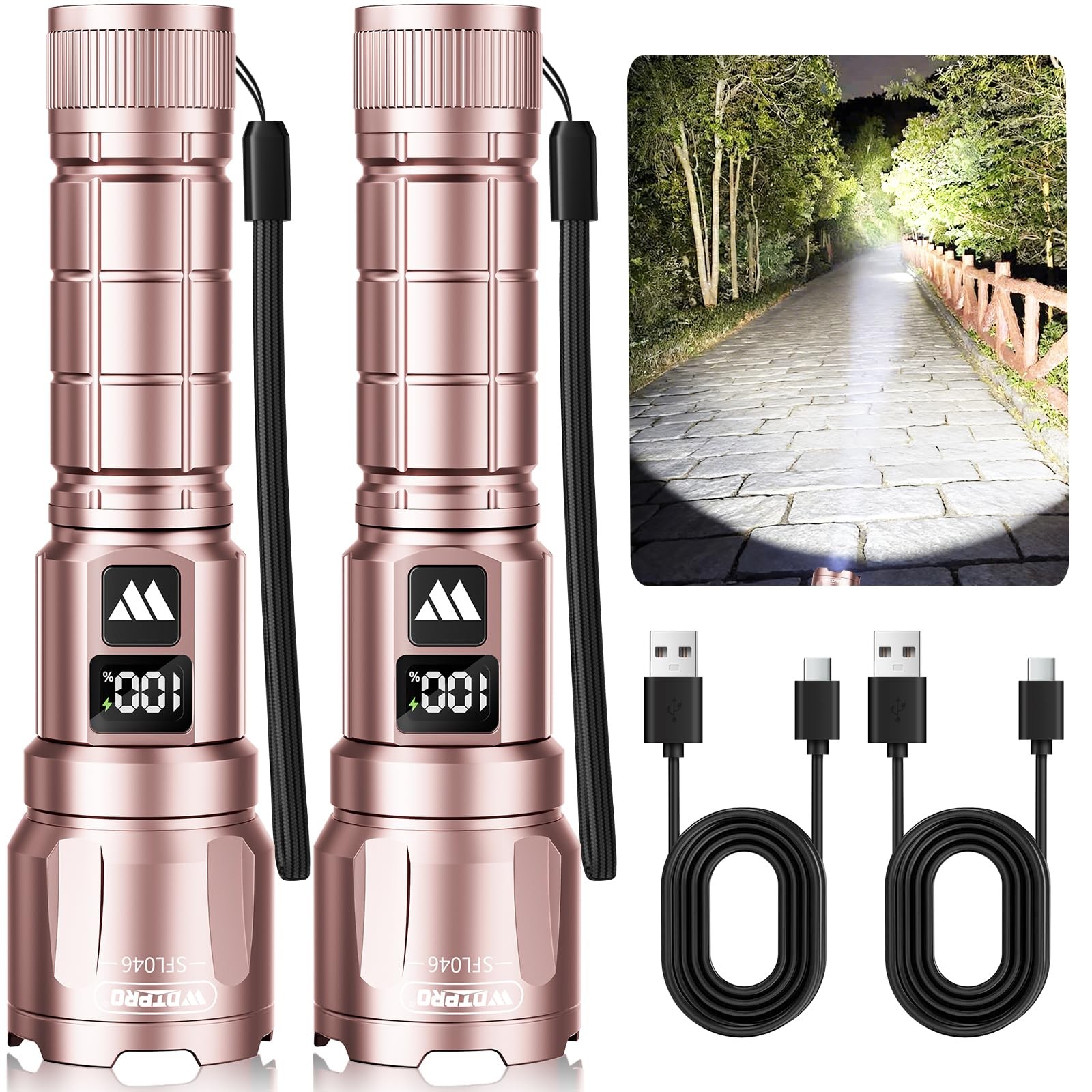 WdtPro LED Rechargeable Flashlight 2 Pack, 3 Modes Super Bright 2 PACK, Pink