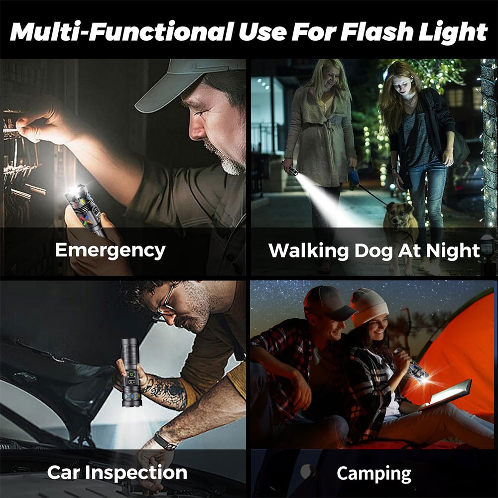 50W Strong Laser White LED Flashlight Torch Type-C USB Charging Telescopic Zoom