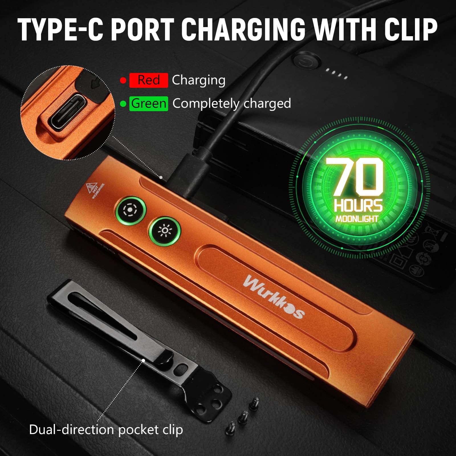 Wurkkos HD01PRO UV & White LED Rechargeable EDC Flashlight, Orange