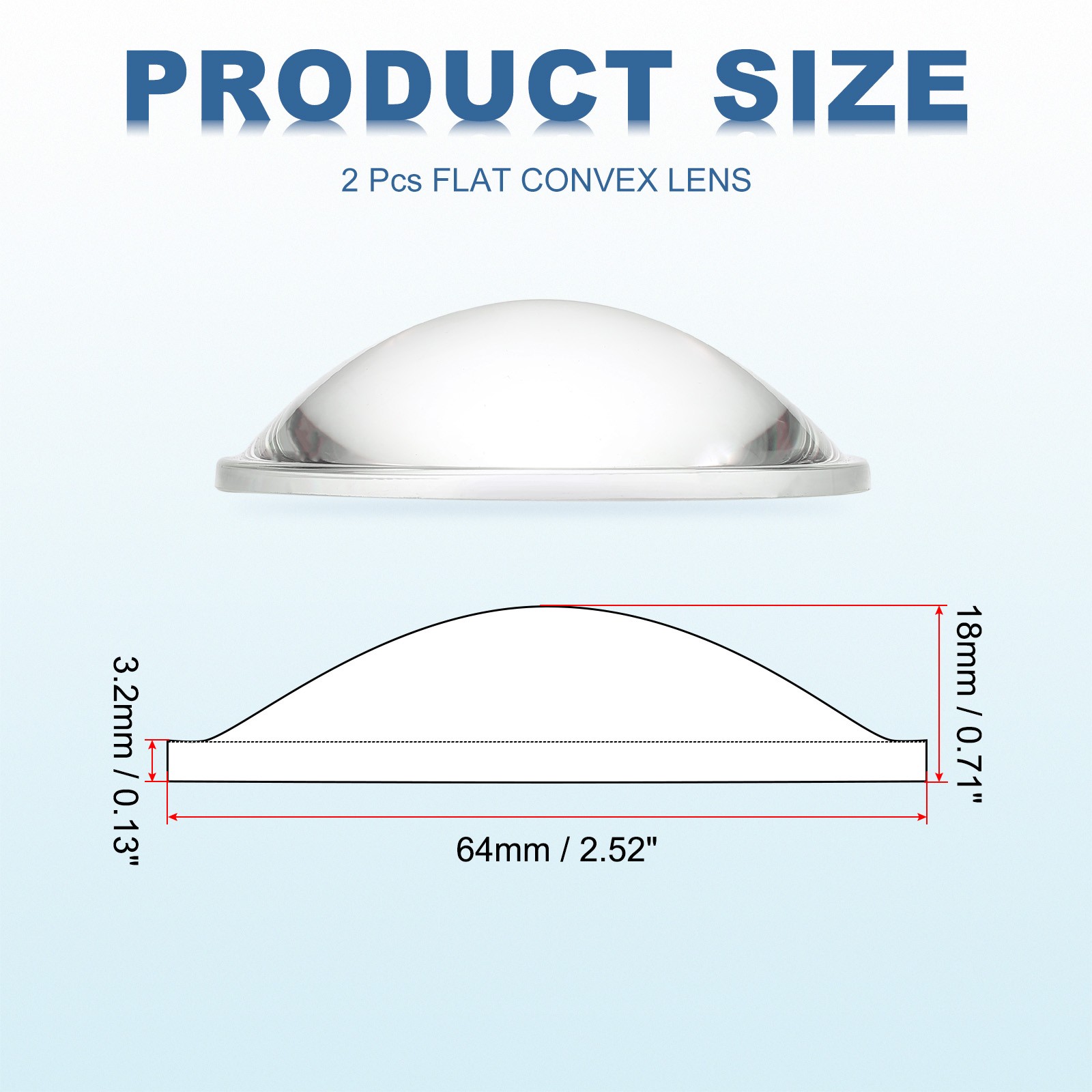 Diameter 64mm Flat Convex Lens, 2 Pcs Height 18mm Optical Lens, 3.2mm