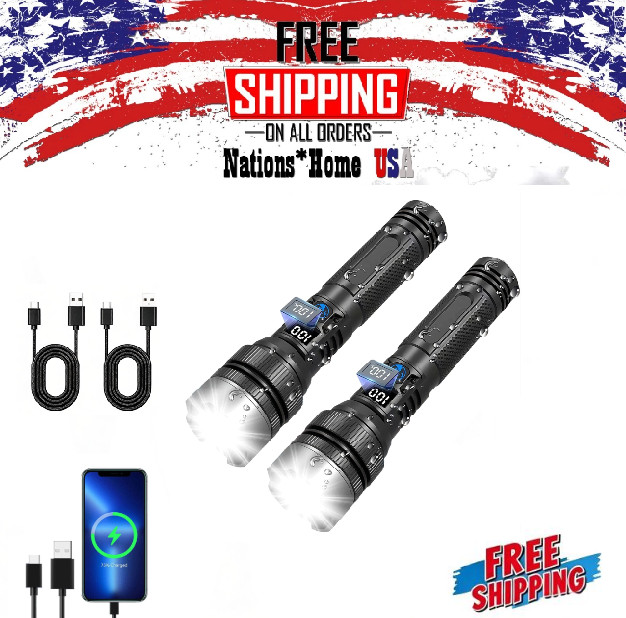 2Pk Waterproof Portable Tactical Flashlight USB Rechargeable Outdoor Hand Light