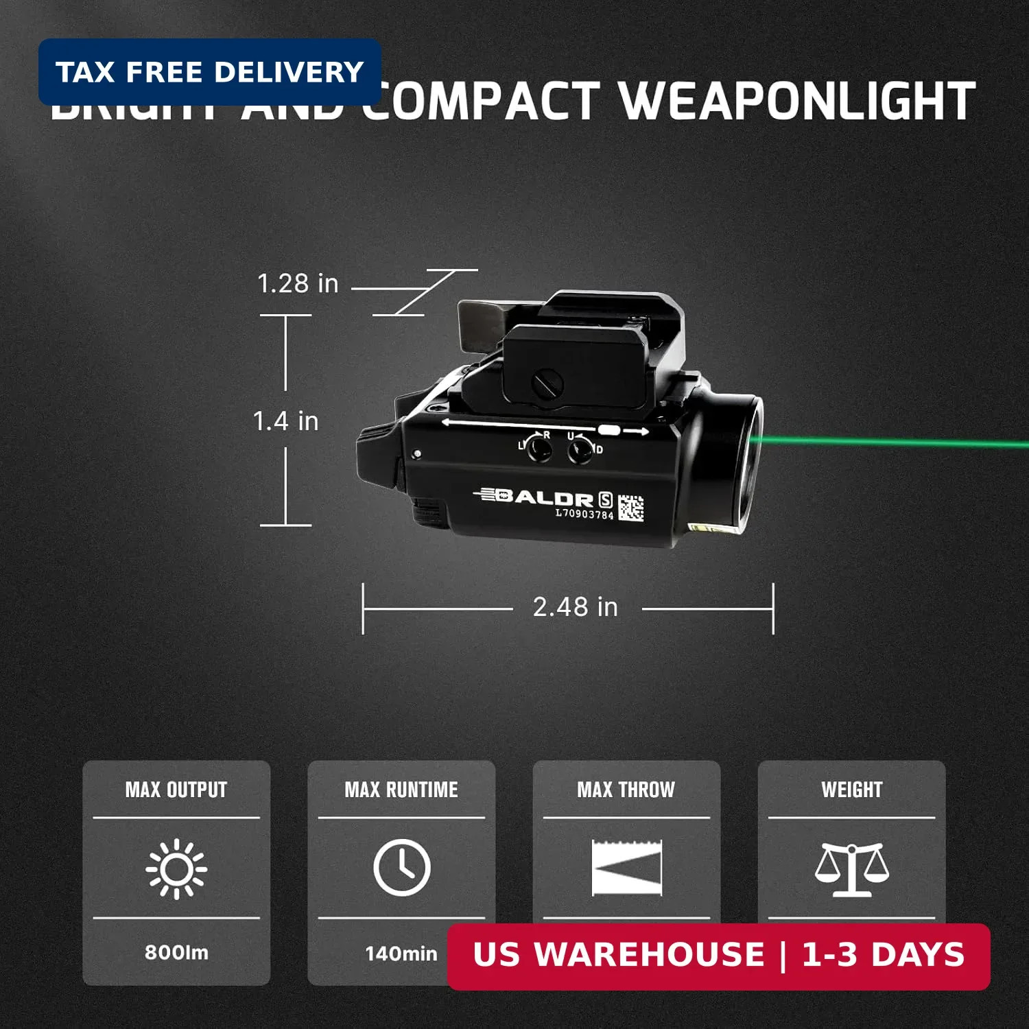 OLIGHT Baldr S 800 Lumens Compact Rail Mount Weaponlight with Green Beam and Whi