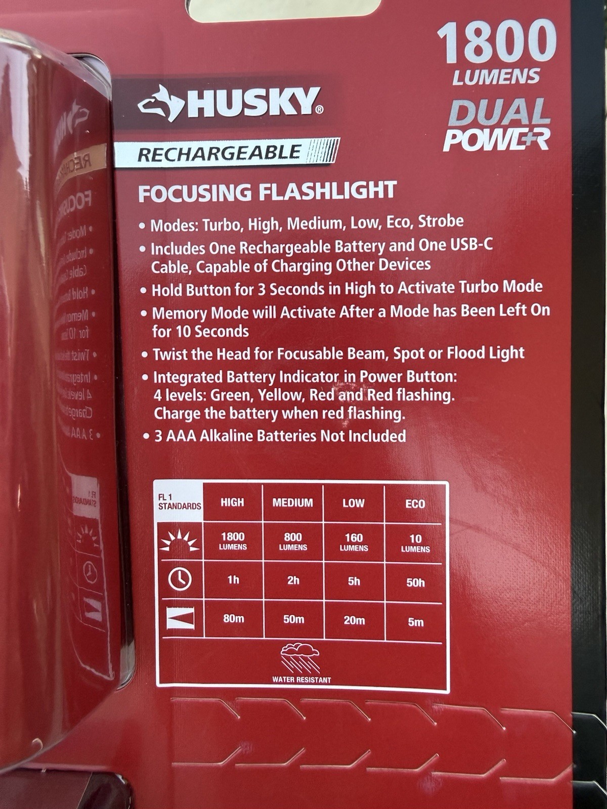 Husky Rechargeable Focusing Flashlight 1800 Lumens 6 Modes