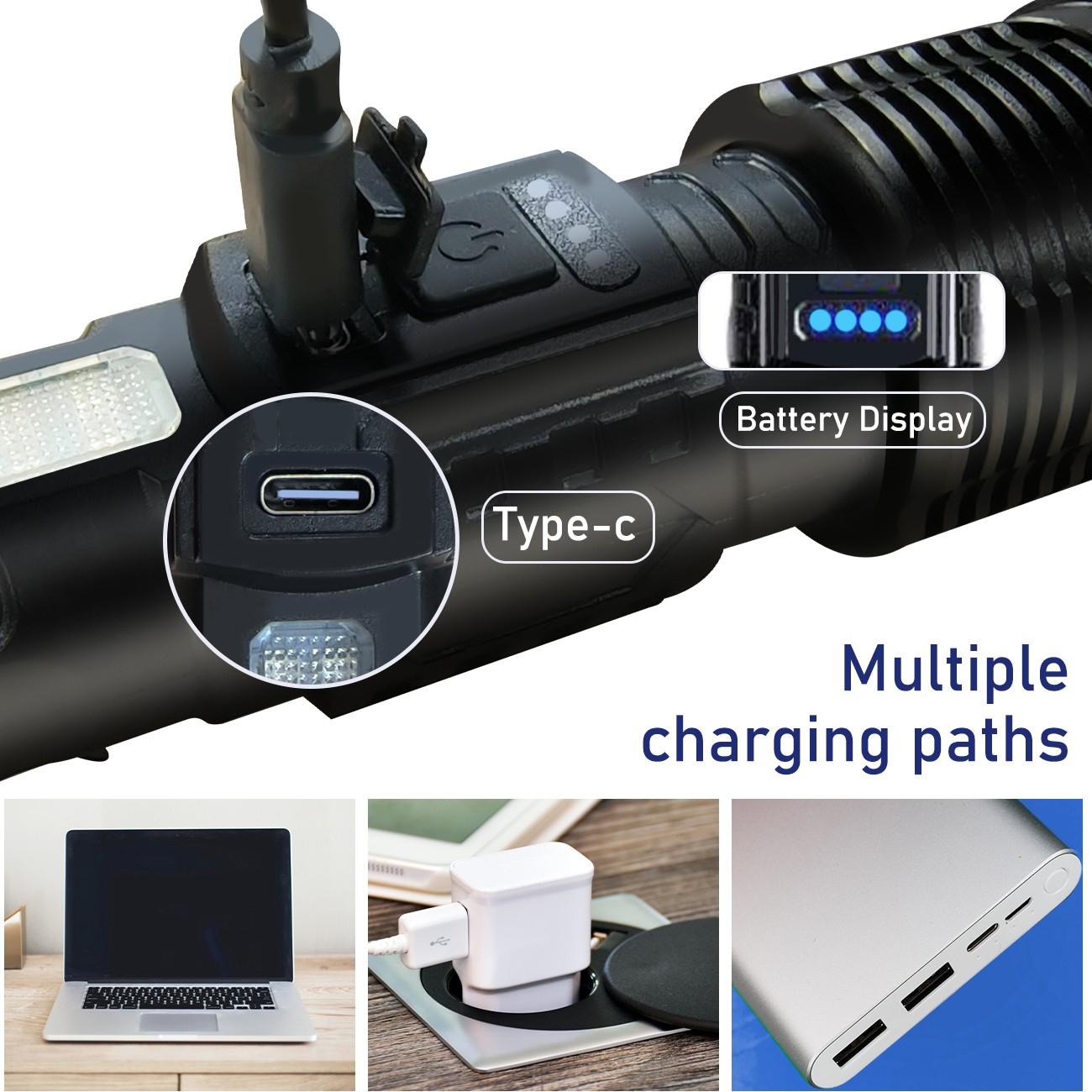 2x 12000000LM Super Bright Telescopic Zoom Flashlight Rechargeable 3Color Light