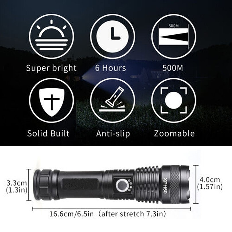 Super Bright Tactical USB Type C Rechargeable LED Flashlight Li-ion Battery NICE