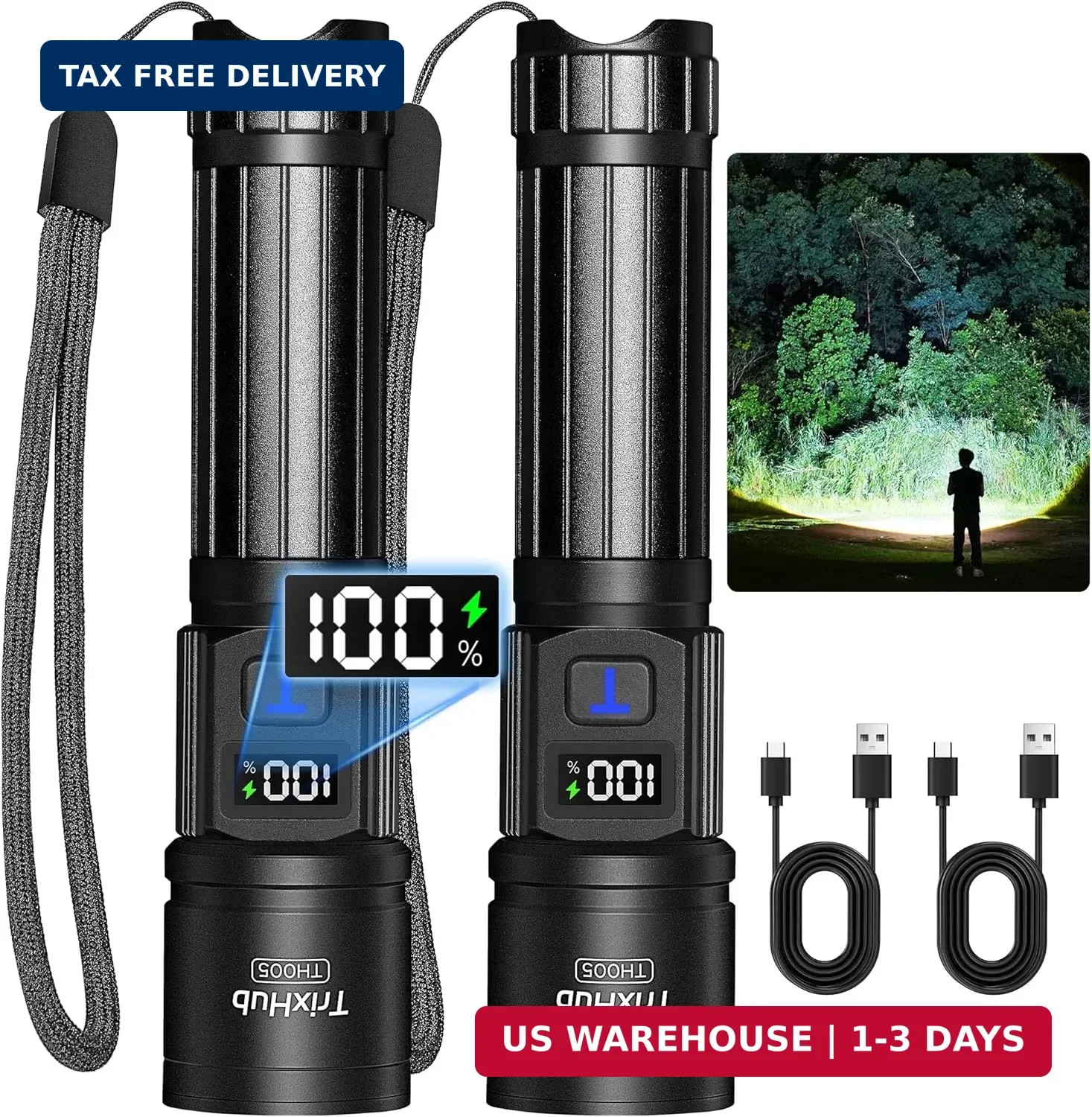TrixHub Rechargeable Flashlights 2 Pack, Super Bright High Lumens Flash Light, 5