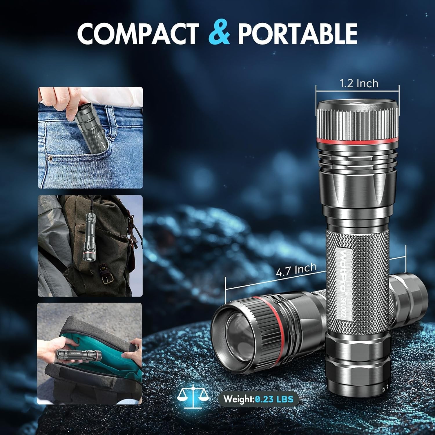 WdtPro Rechargeable LED Flashlight 1-Pack, High Lumen Tactical EDC, 10H Runtime