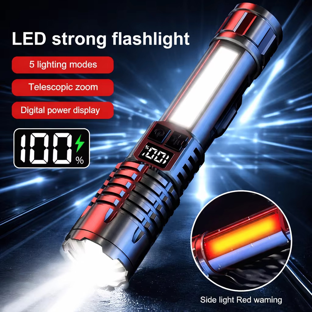 LED Flashlight Type-C Rechargeable Waterproof Torch with COB Side Light Zoom