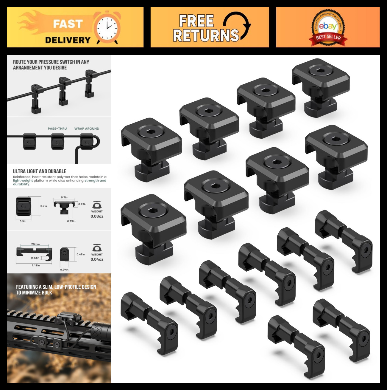 Pressure Switch Cable Management Kit for M-LOK/Picatinny Rail – 16 Pack, Black