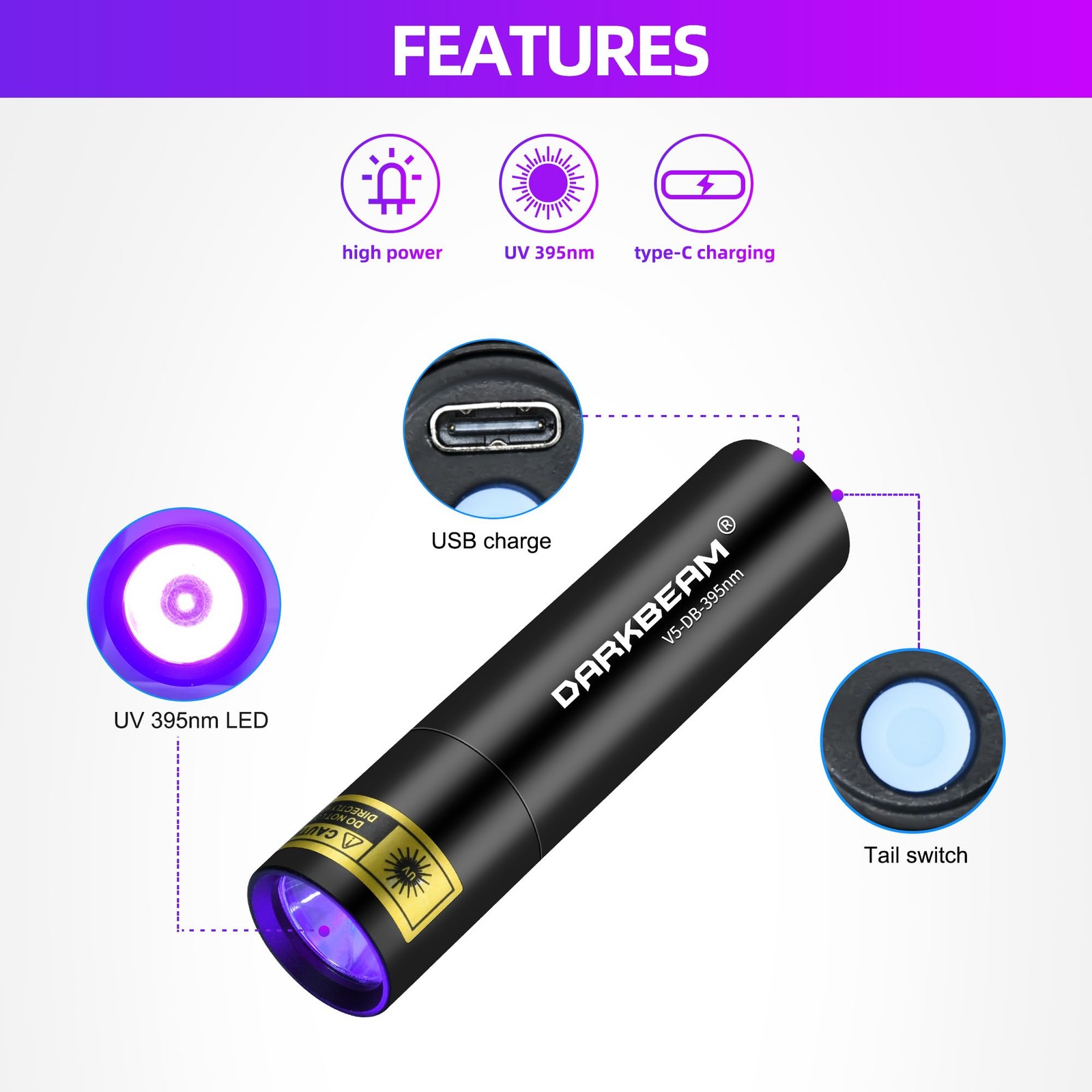 Flashlight UV Black Light 395 NM, Mini but Powerful USB- C LED Rechargeable W…