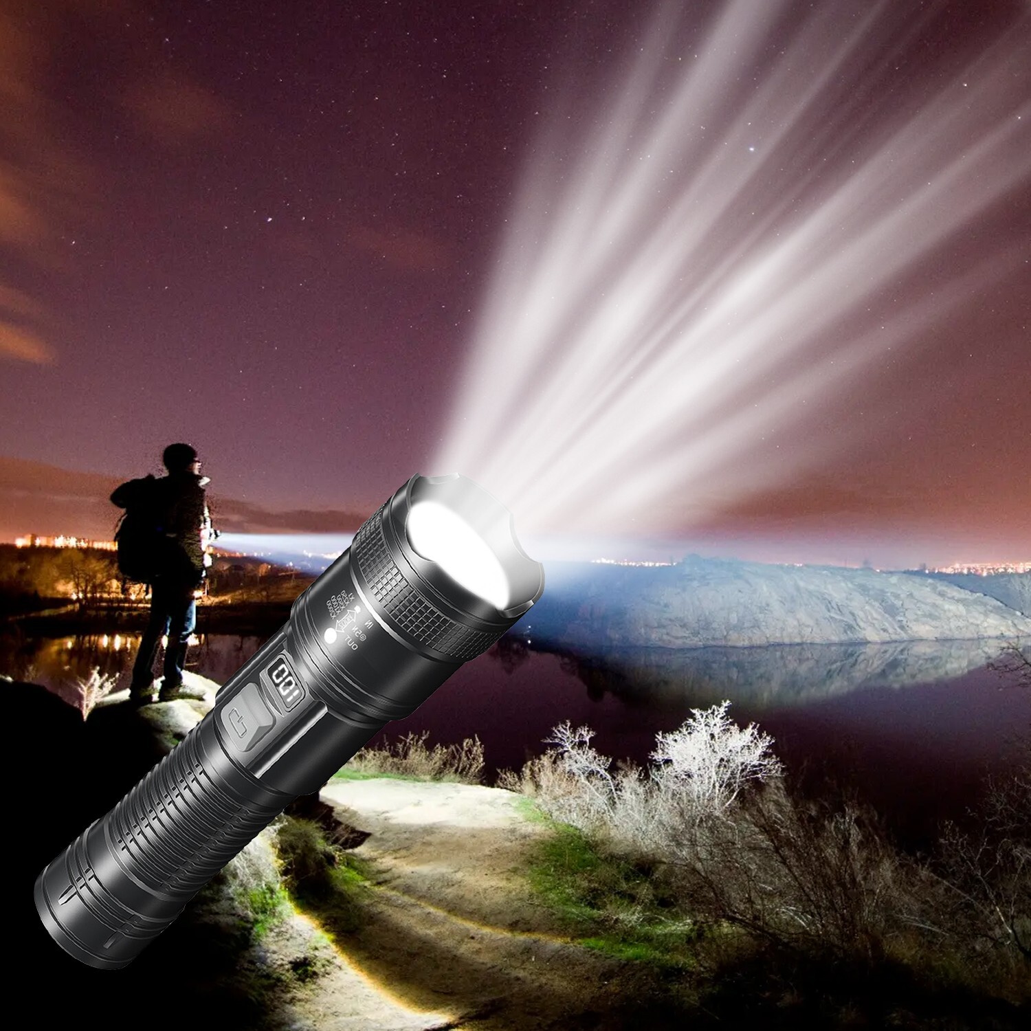 QuadCore LED Flashlight With Power,Type-C Charging,Zoom & Floodlight For Outdoor