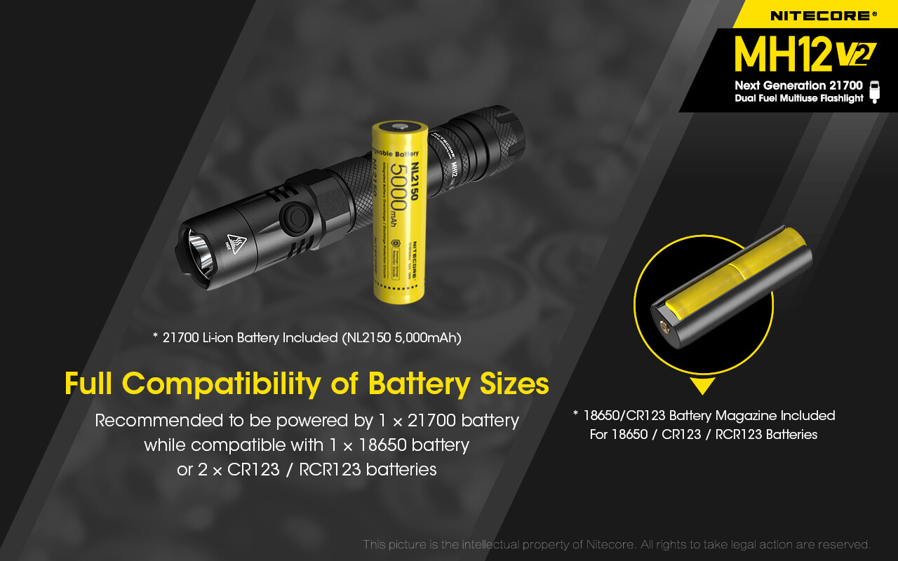NiteCore MH12 V2 LED 1200 Lumens USB Rechargeable Flashlight Torch + Battery