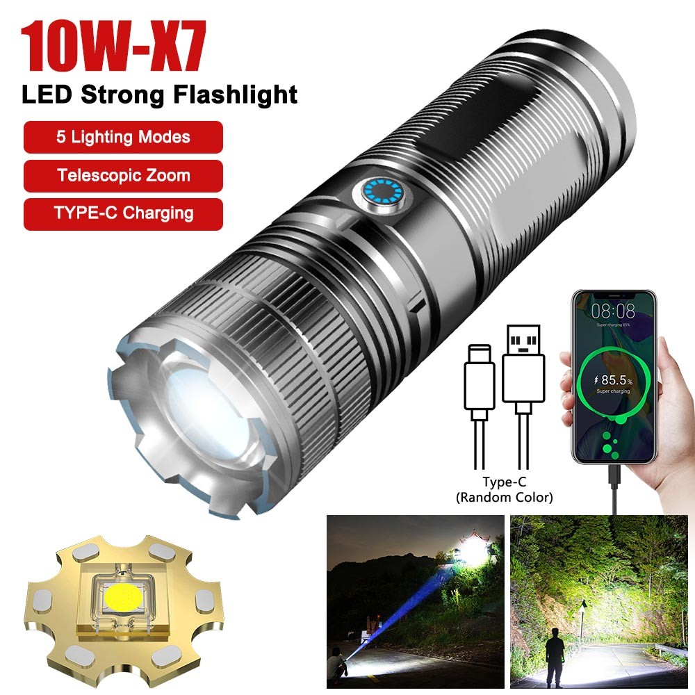 10W Laser White LEP Flashlight Zoom USB Rechargeable Torch High Powerful Light