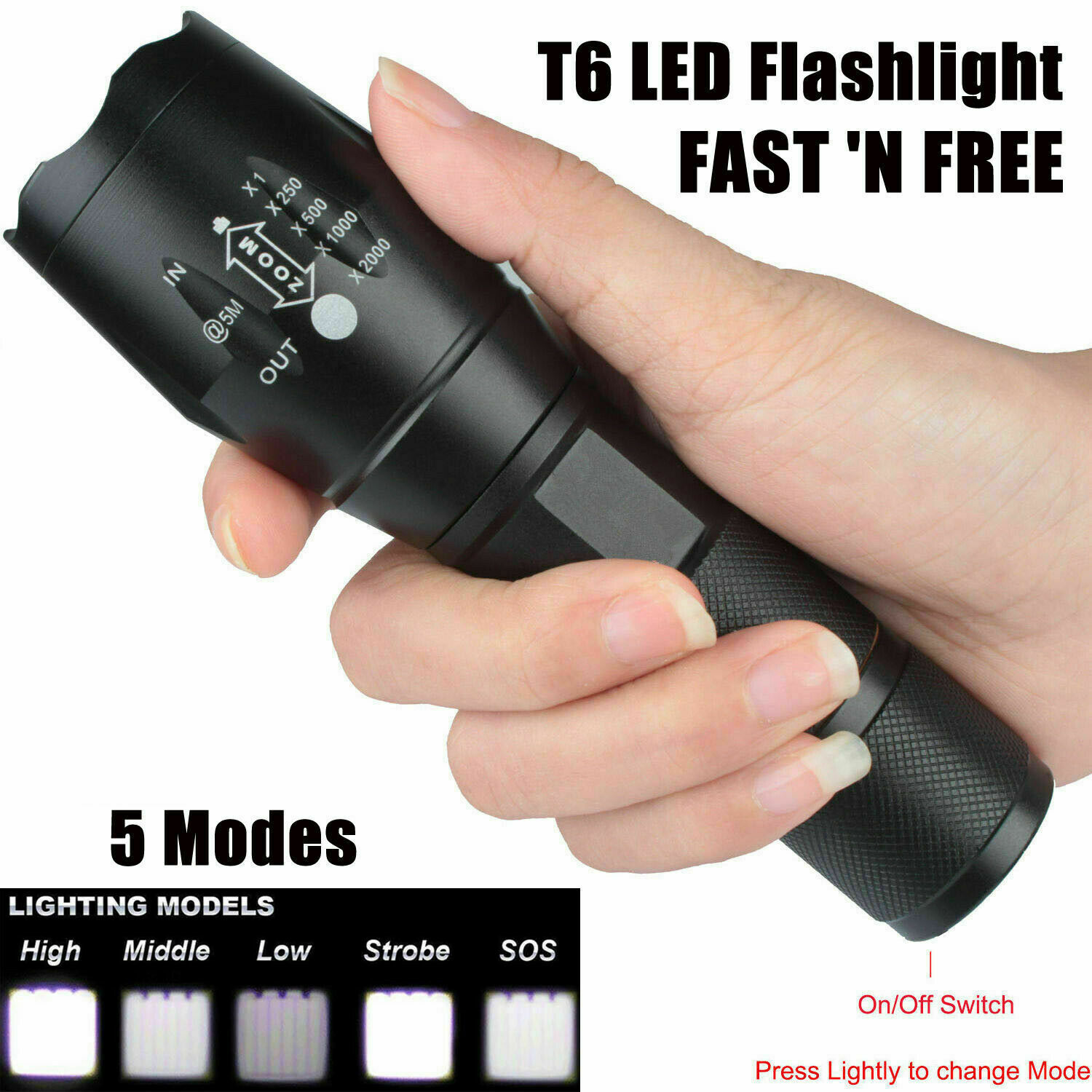 Super-Bright LED Tactical Flashlight 5 Modes Zoomable 2-Pack