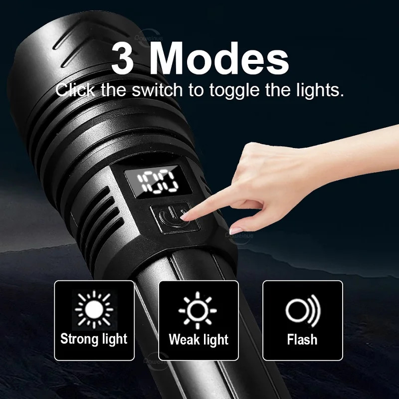 High Power LED Flashlight Type-C Rechargeable Torch 3 Modes Zoom Light Outdoor W