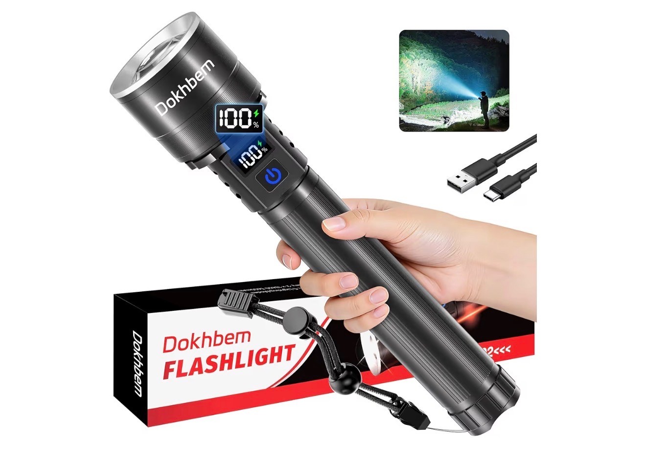 Tactical LED Flashlight 90000 High Lumens LCD Digital Display Waterproof Recharg
