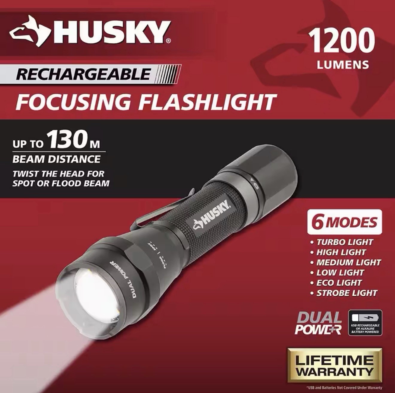 Husky 1200 Lumens Dual Power LED Rechargeable Focusing Flashlight (PVL-FLT-0020)