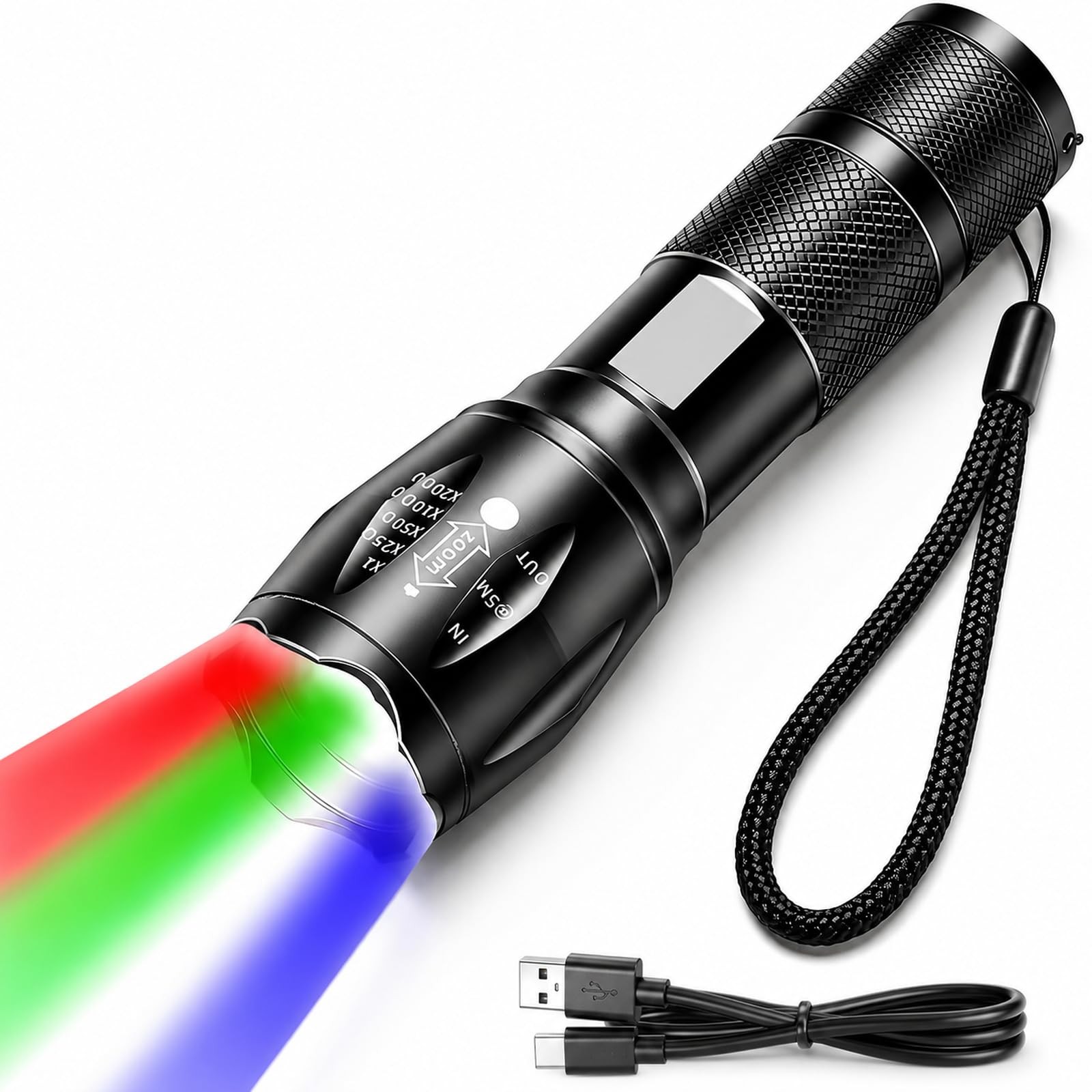4-in-1 Red Rechargeable Flashlight – Multi-Color LED (White/Red/Blue/Green) T…