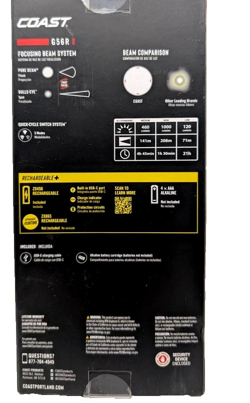 COAST G56R 1000 Lumens Rechargeable Dual Power IP54 Pure Beam 3 Modes NEW