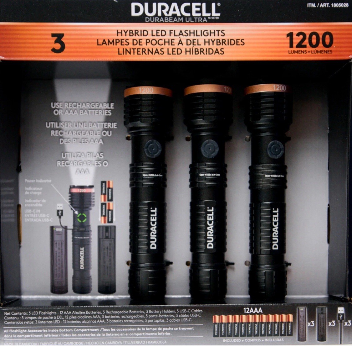 Duracell Ultra Hybrid LED Flashlights 1200 Lumens Rechargeable or AAA, 3 Pack