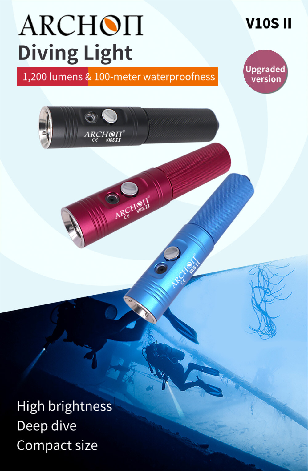 ARCHON V10S II Diving Flashlight LED Underwater 100m Dive Fill lights
