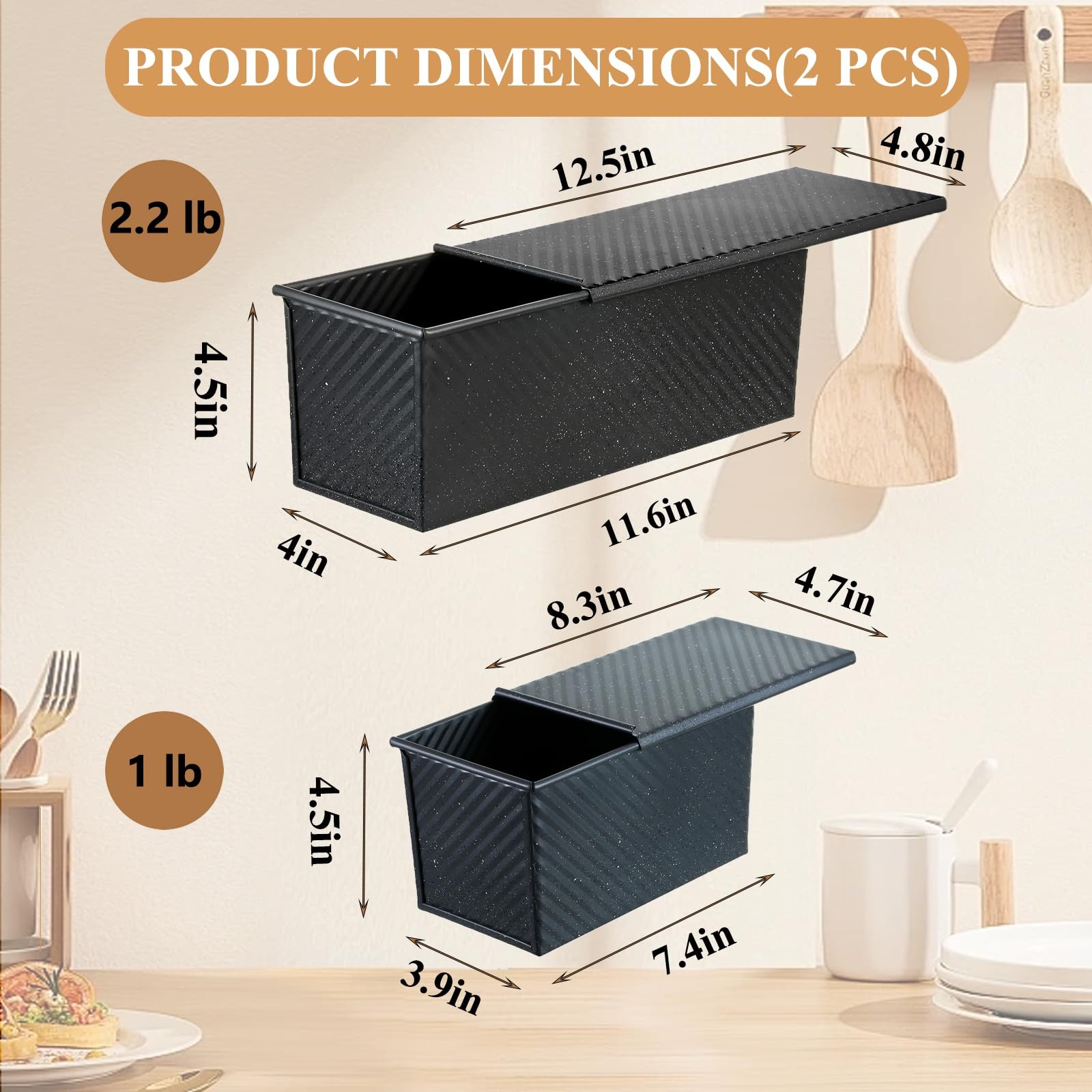 SS&CC Pullman Loaf Pan with Lid 2-Pack, 2.2lb & 1lb 1lb+2.2lb (2-Pack), Black
