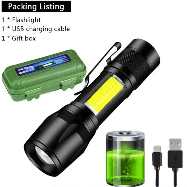 Mini LED Flashlight USB Rechargeable: COB+XPE Zoomable Tactical Torch – NEW