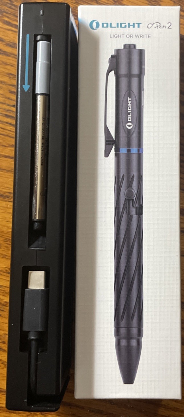 Olight Open 2 Black Rechargeable LED Pen Flashlight 120 Lumens Clip On, New/open