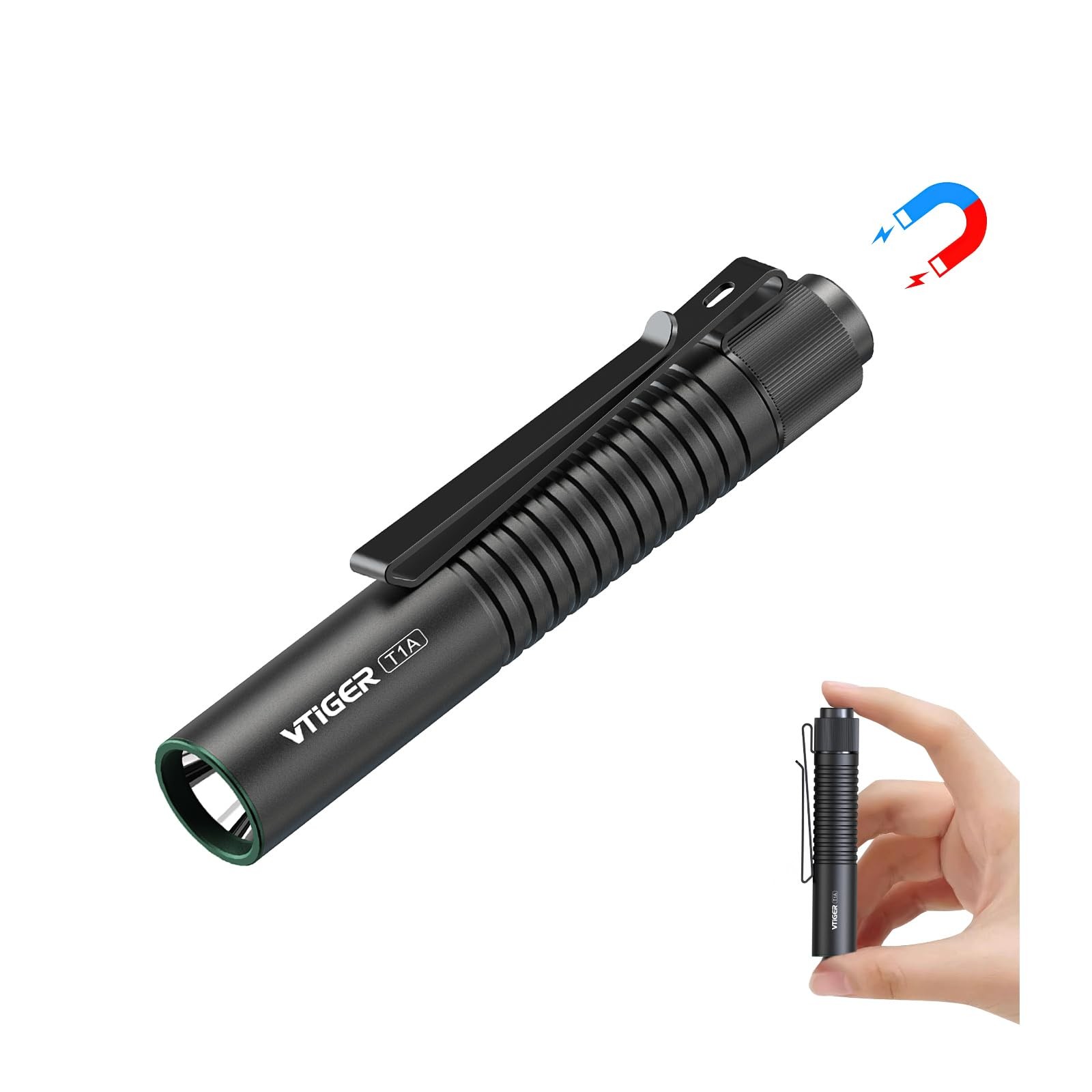 VTIGER T1A Mini Pocket EDC Flashlight with Clip,1300 Lumen Compact AA Black