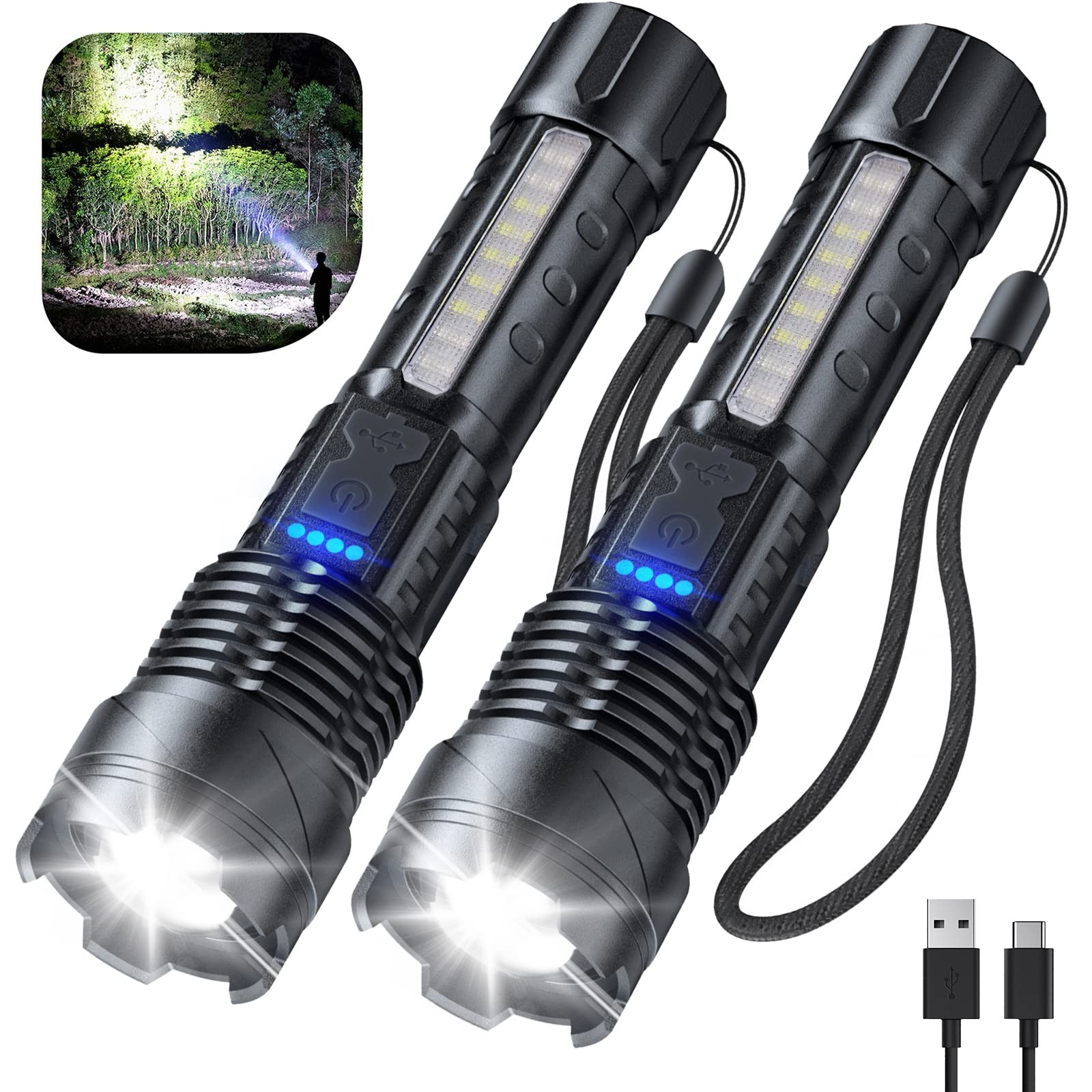 Flashlight High Lumens Rechargeable 2 Pack, 90000 Lumen Super Bright Led Flas…