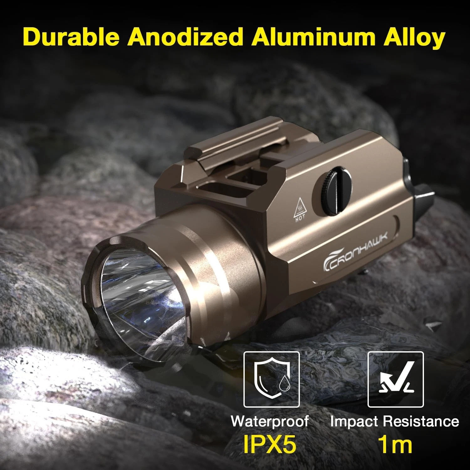 Rechargeable Pistol Light, 1350 Lumen Pic Rail Mounted Flashlight with FDE