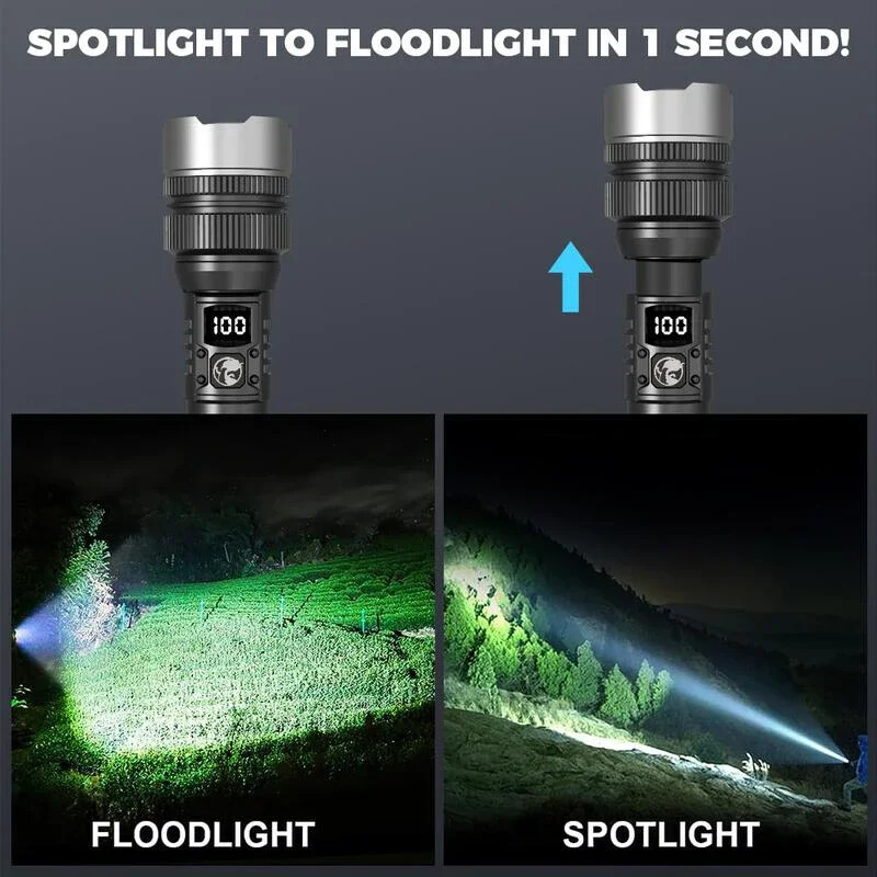 1000000LM LED Flashlight USB Digital Display IPX8 Long Lasting Camping Emergency