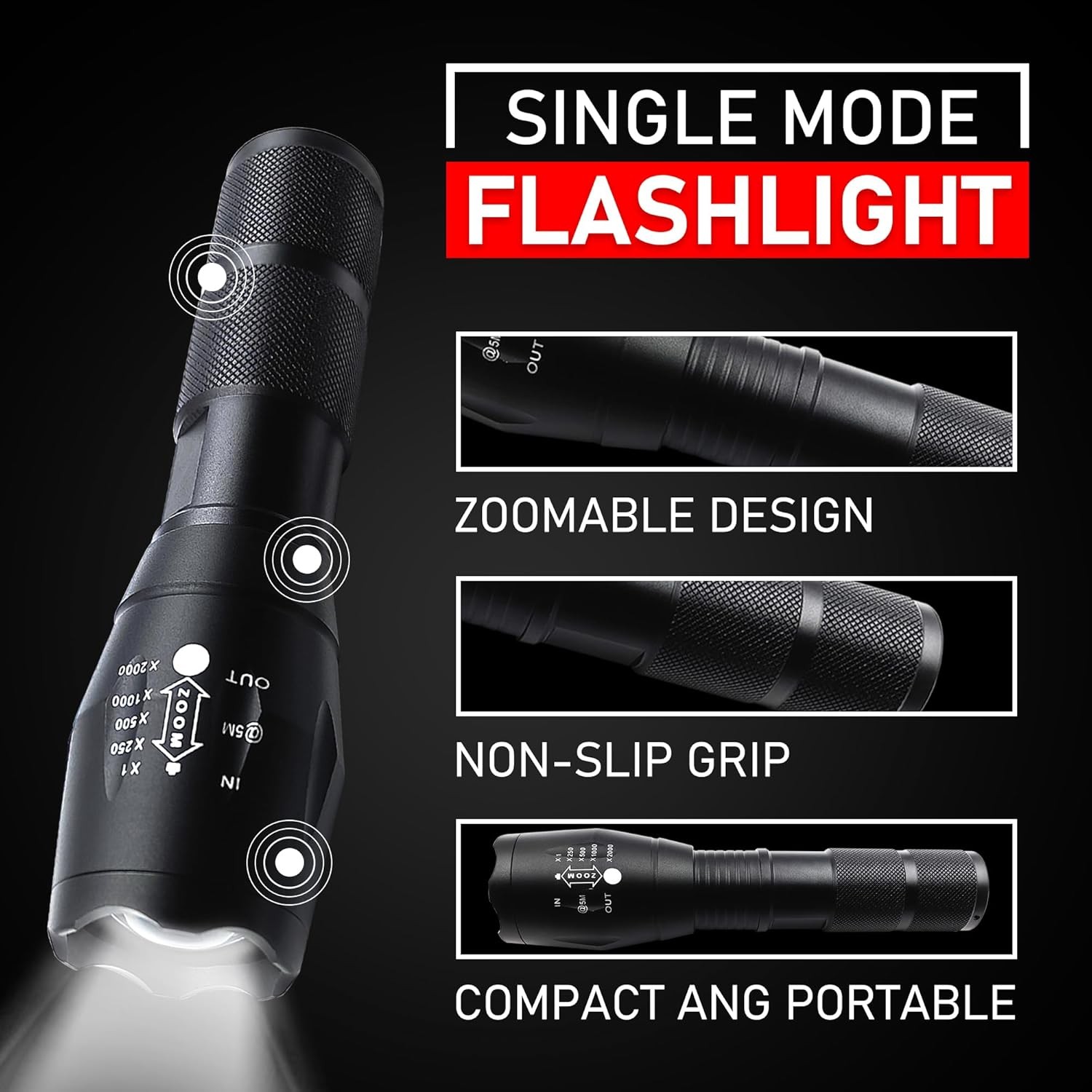 Aluminium LED Torch Zoomable Waterproof Camping Flashlight 5 Modes – No Battery