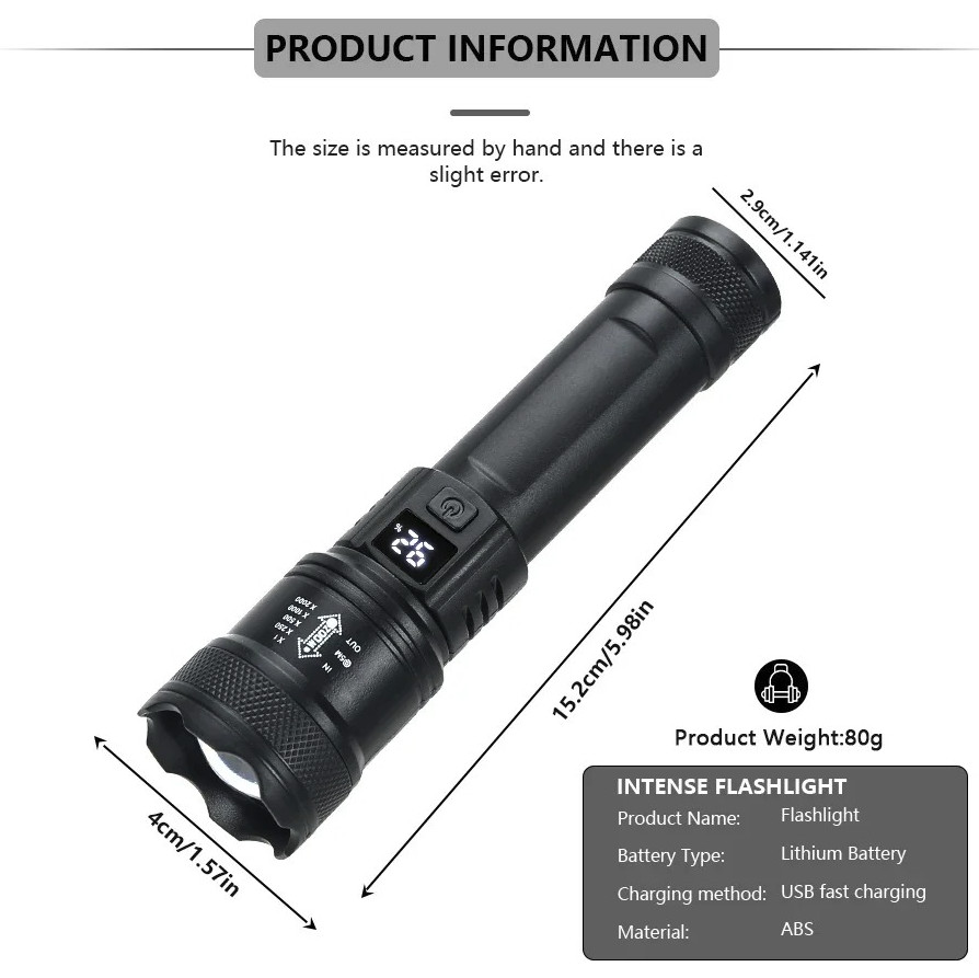 1pc Mini LED Flashlight: XHP70 Rechargeable Torch w/ Built-in Battery – NEW