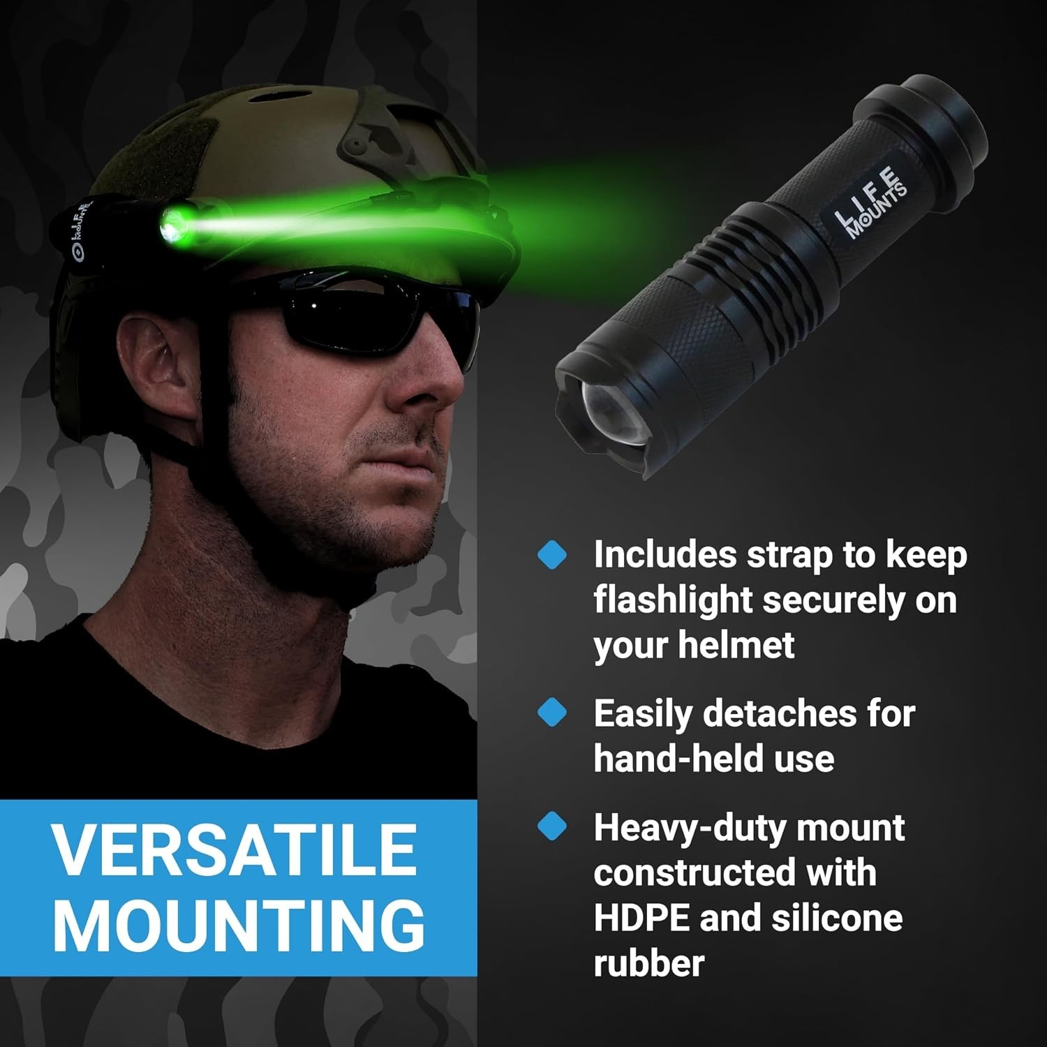Tactical Helmet Flashlight Mount Quick-Detach 3.5×1.5in Green LED Shockproof