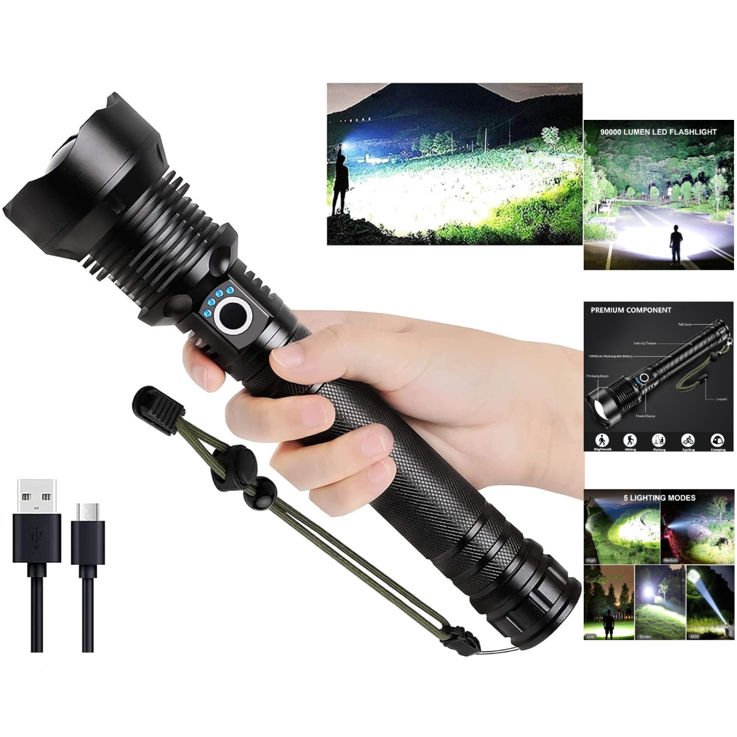 Super Bright Rechargeable 90,000 Lumen LED Flashlight – Waterproof & Versatile