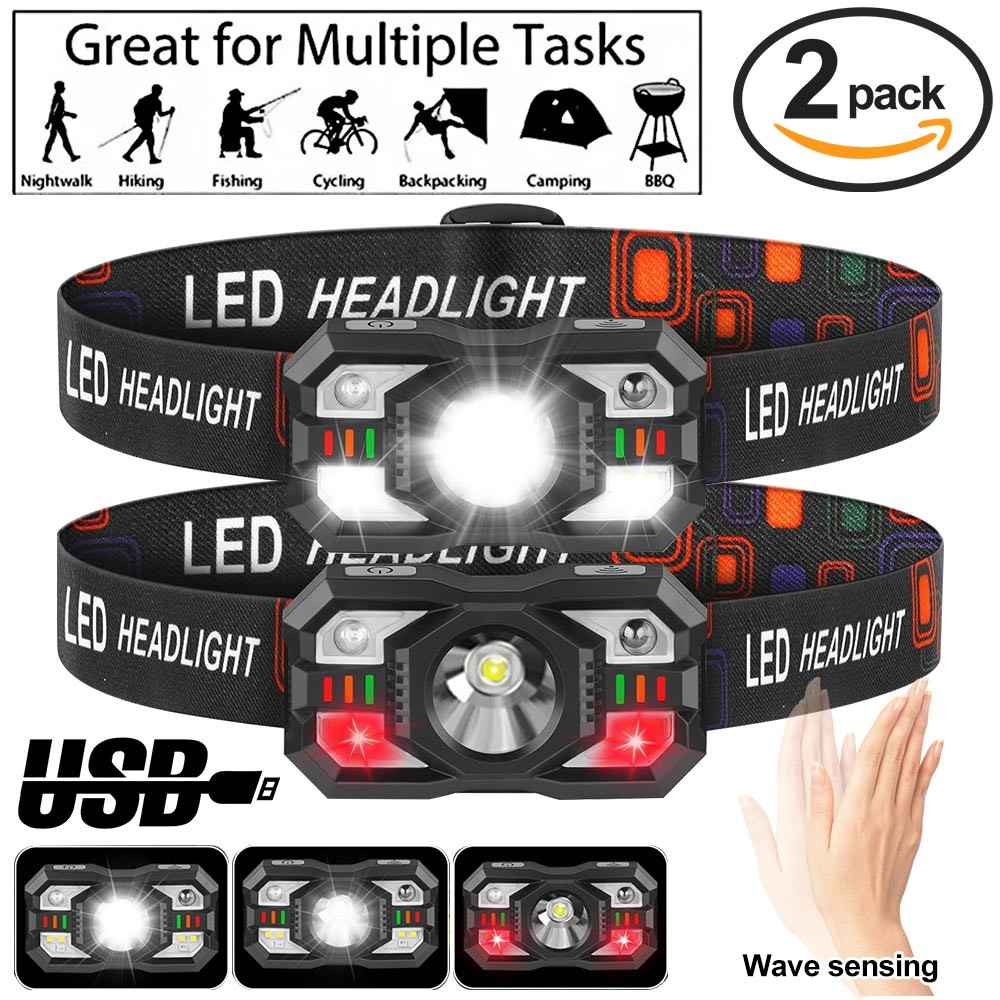 2PCS Headlamp Flashlight Rechargeable 1200 Lumen Ultra Bright LED Head Lamp