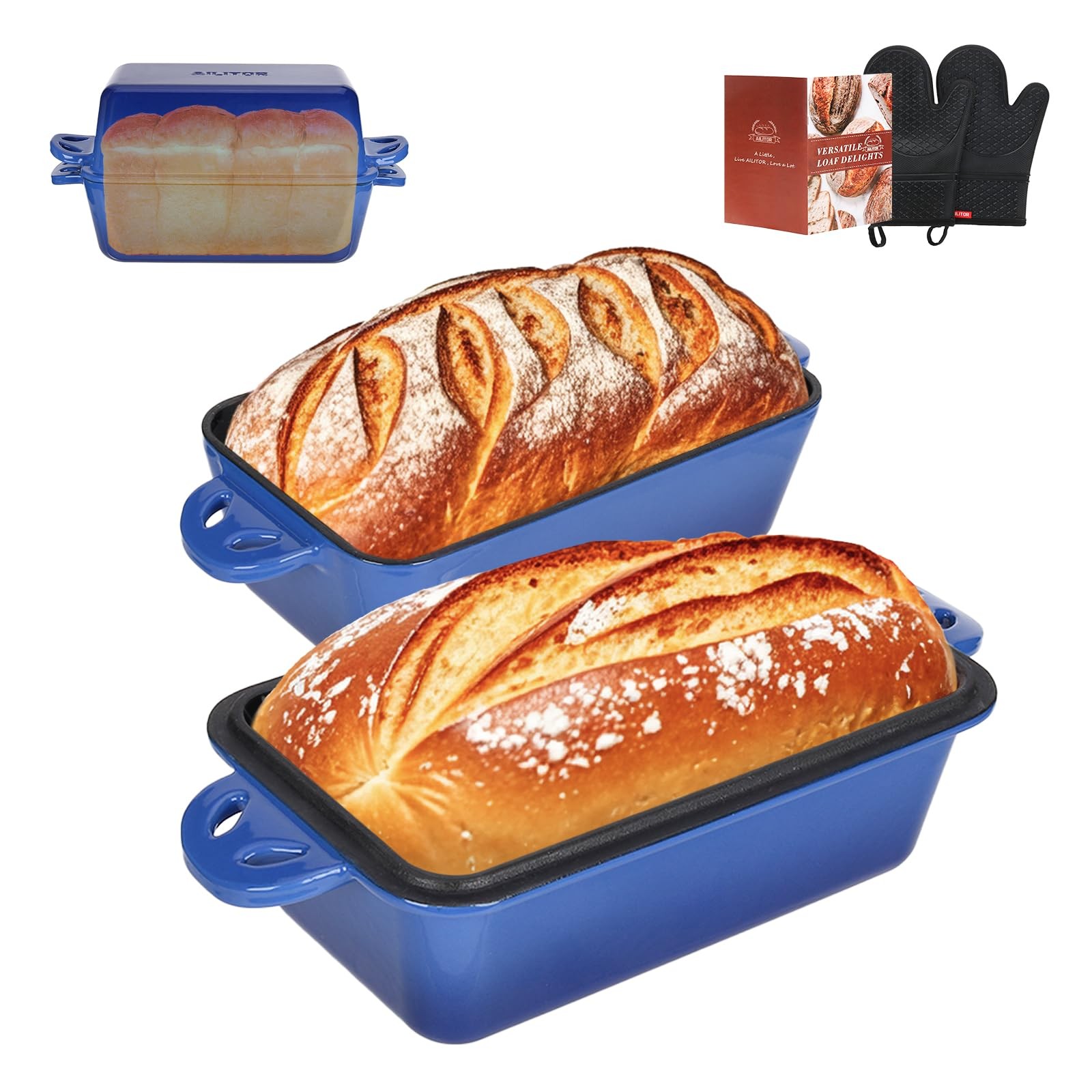 AILITOR 9×5 Enameled Cast Iron Loaf Pan with Lid – 2 in 1 Inch, Blue