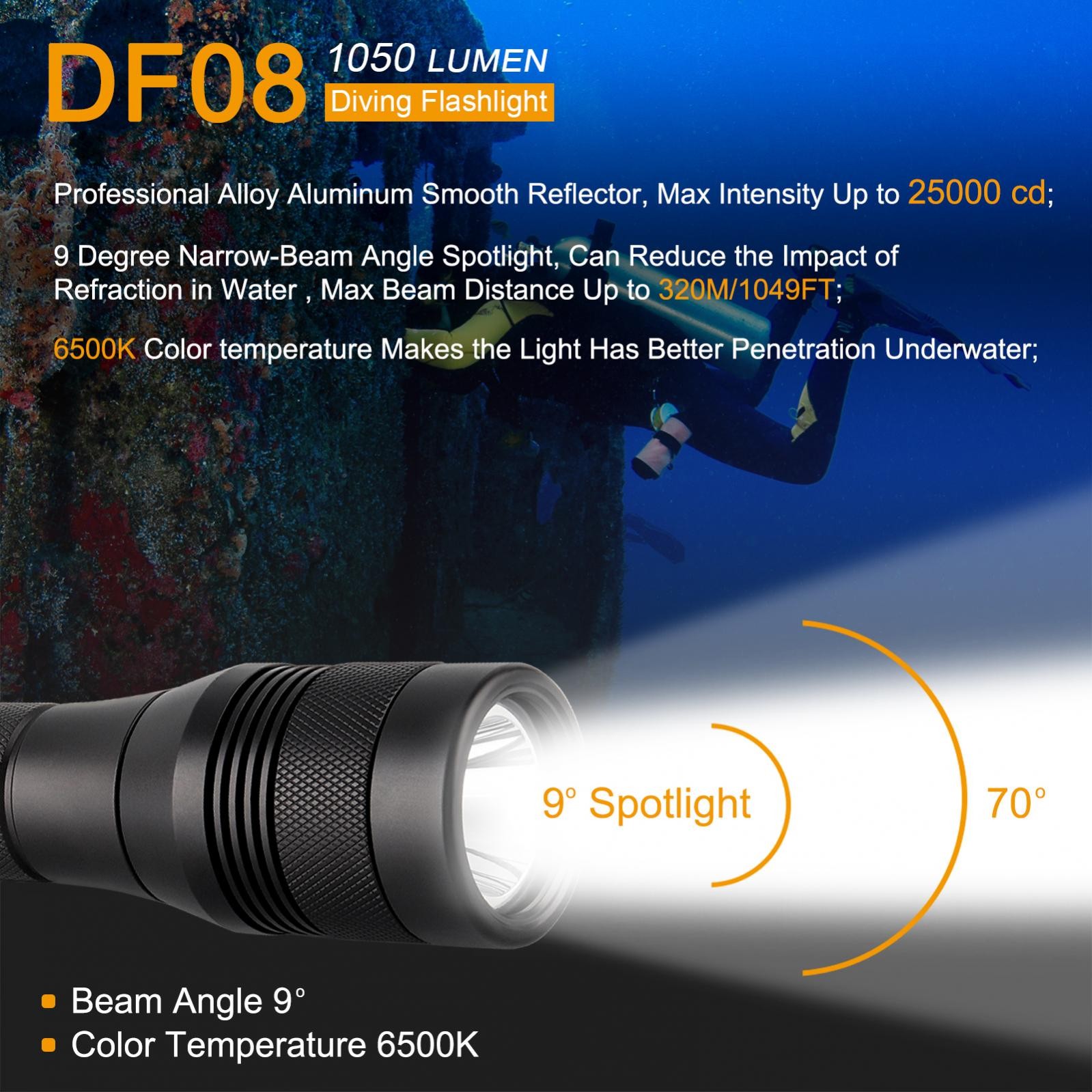 SecurityIng DF08 Max 1050LM IPX8 150m Dive Flashlight, for Professional Diving