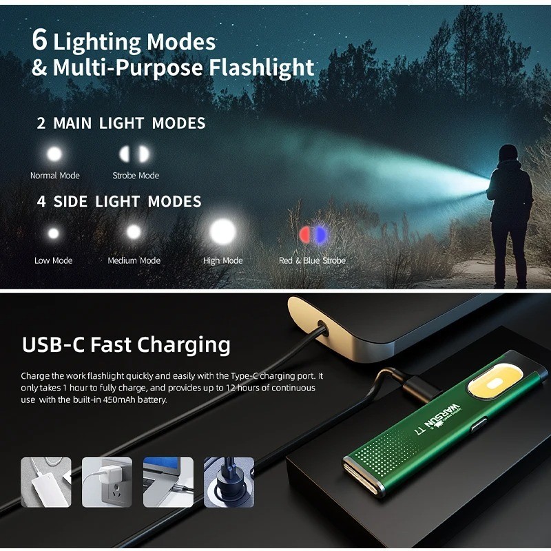 WARSUN T7 LED Flashlight 800LM Rechargeable Magnetic EDC Pocket Torch