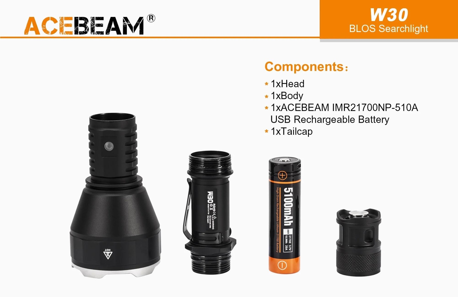 Acebeam W30 Long Range LEP Flashlight – 500 Lumens, 2408m throw, Cool White 650