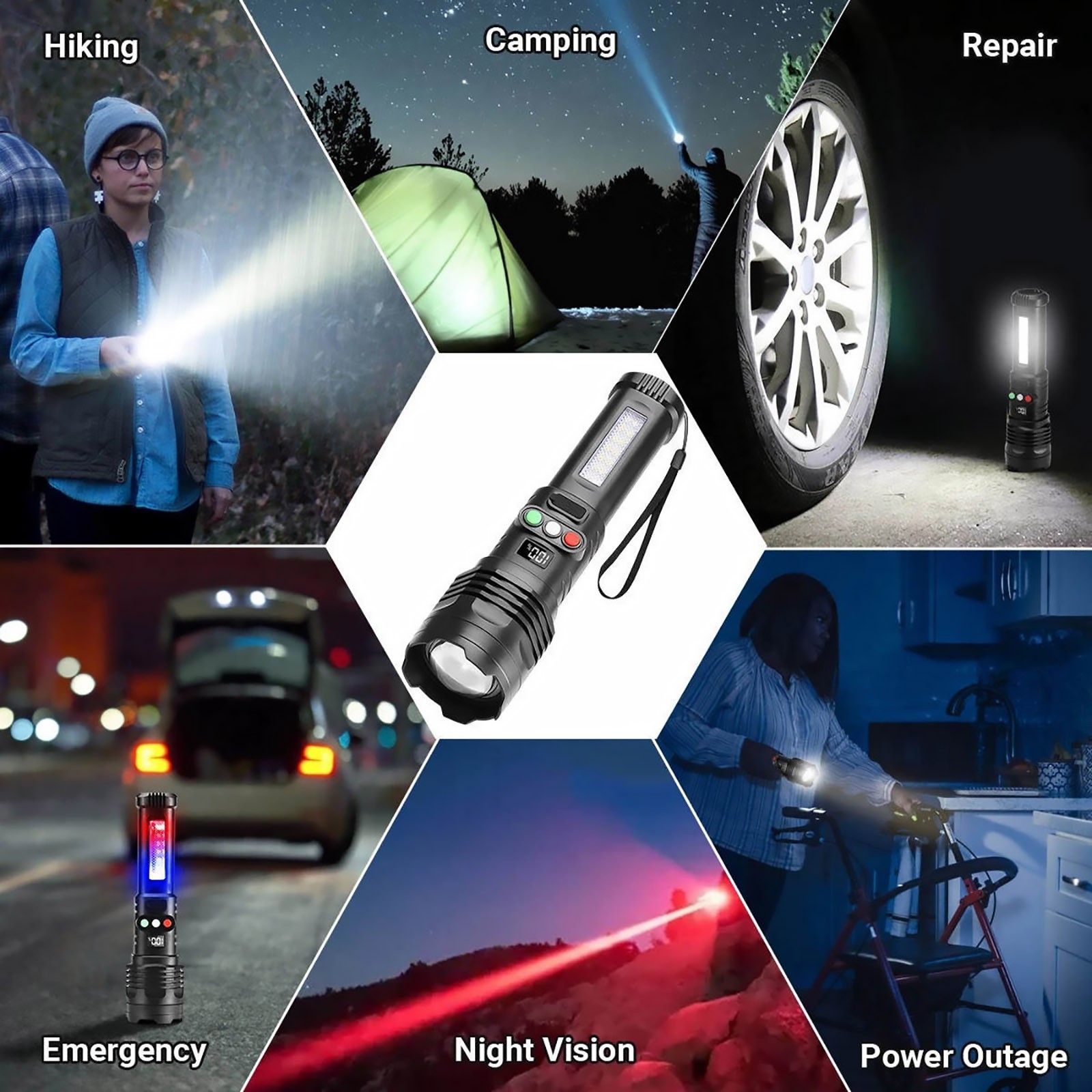 IPX4 Waterproof Rechargeable Flashlight 3 Color LED 1200mAh Type C USB Zoom