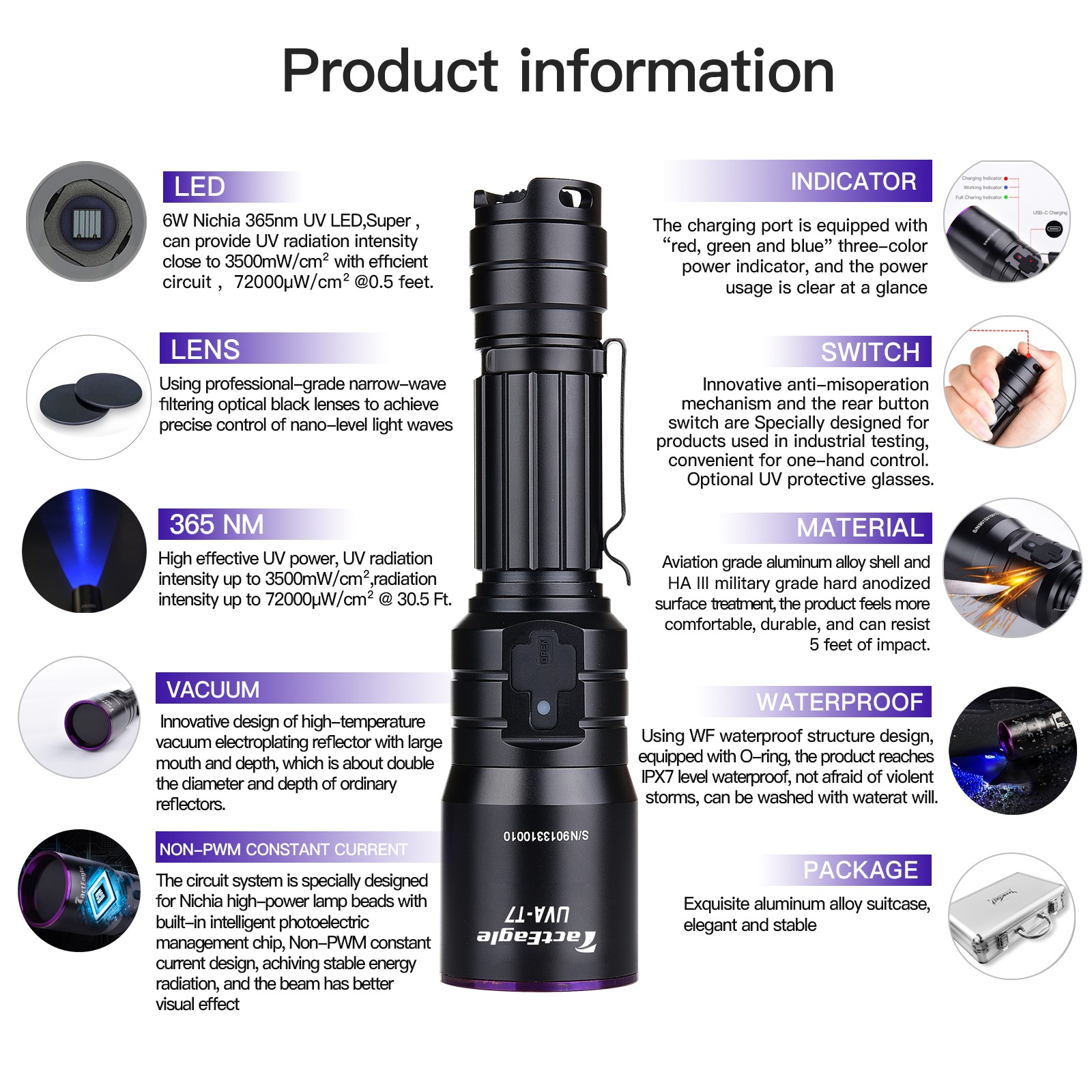 Industrial T7 365nm UV Light Black Light Flashlight for NDT A/C Leak Detection