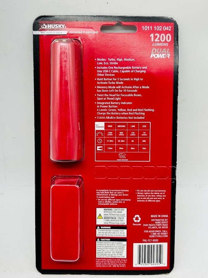 Husky 1200 Lumens Dual Power LED Rechargeable Focusing Flashlight